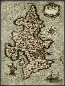 ZANTE XARTES - Isola de Zante by Donato Bertelli, Venice 1574 ca, engraver Natale Bonifacio (hand colored)