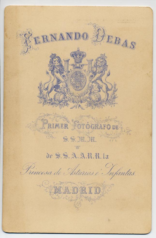 1880. FOTOGRAFOS ESPAÑOLES - Debas, Fernando, Madrid. Reverso, Cabinet ca. 1880. Album Sotomayor, Hesperus´ Collection