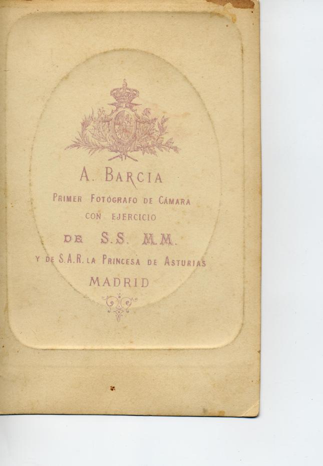 1882. FOTOGRAFOS ESPAÑOLES - Barcia, R., Madrid. Reverso de Cabinet, ca. 1882. Hesperus´ Collection